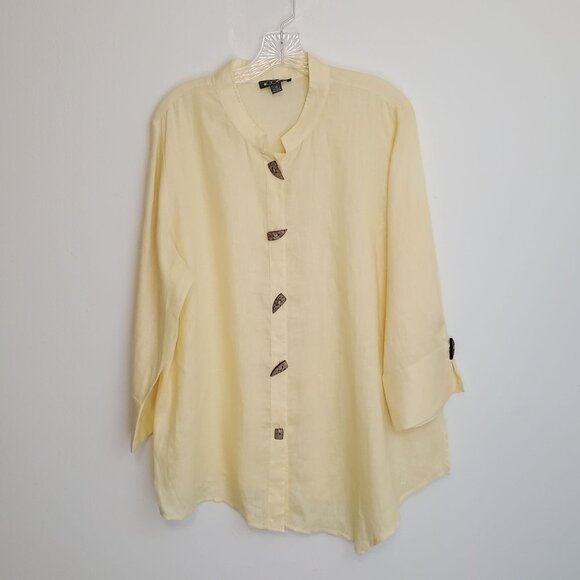 GO Silk buttercream yellow linen Mandarin collar blouse - Picture 13 of 13